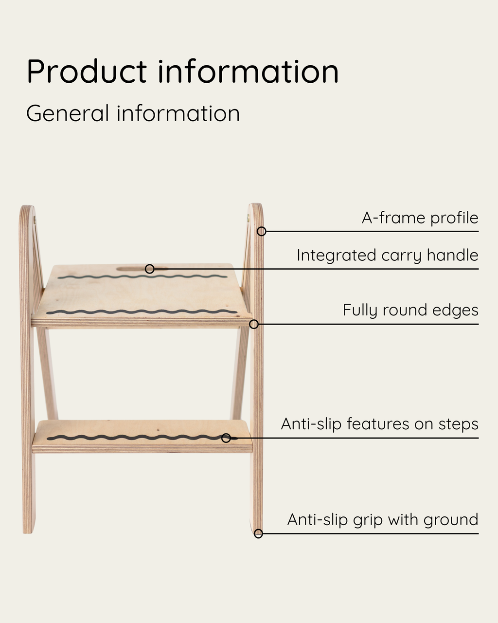 Wooden step stool with features listed on a white background