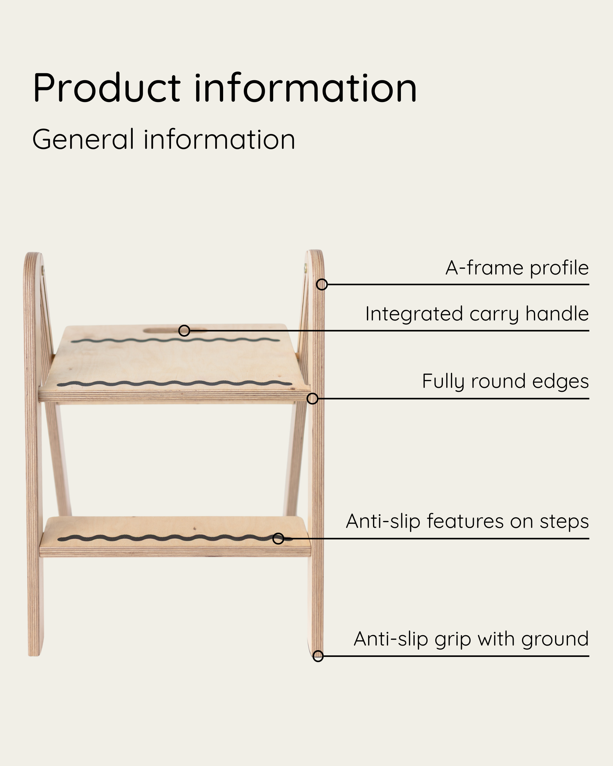 Wooden step stool with features listed on a white background