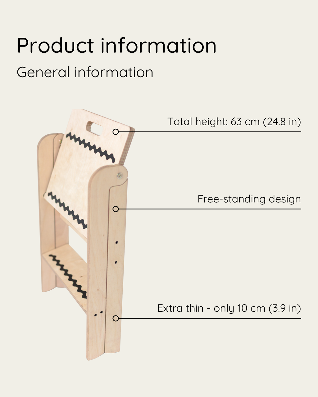 Wooden product with measurements and design features on a white background