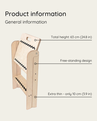 Wooden product with measurements and design features on a white background