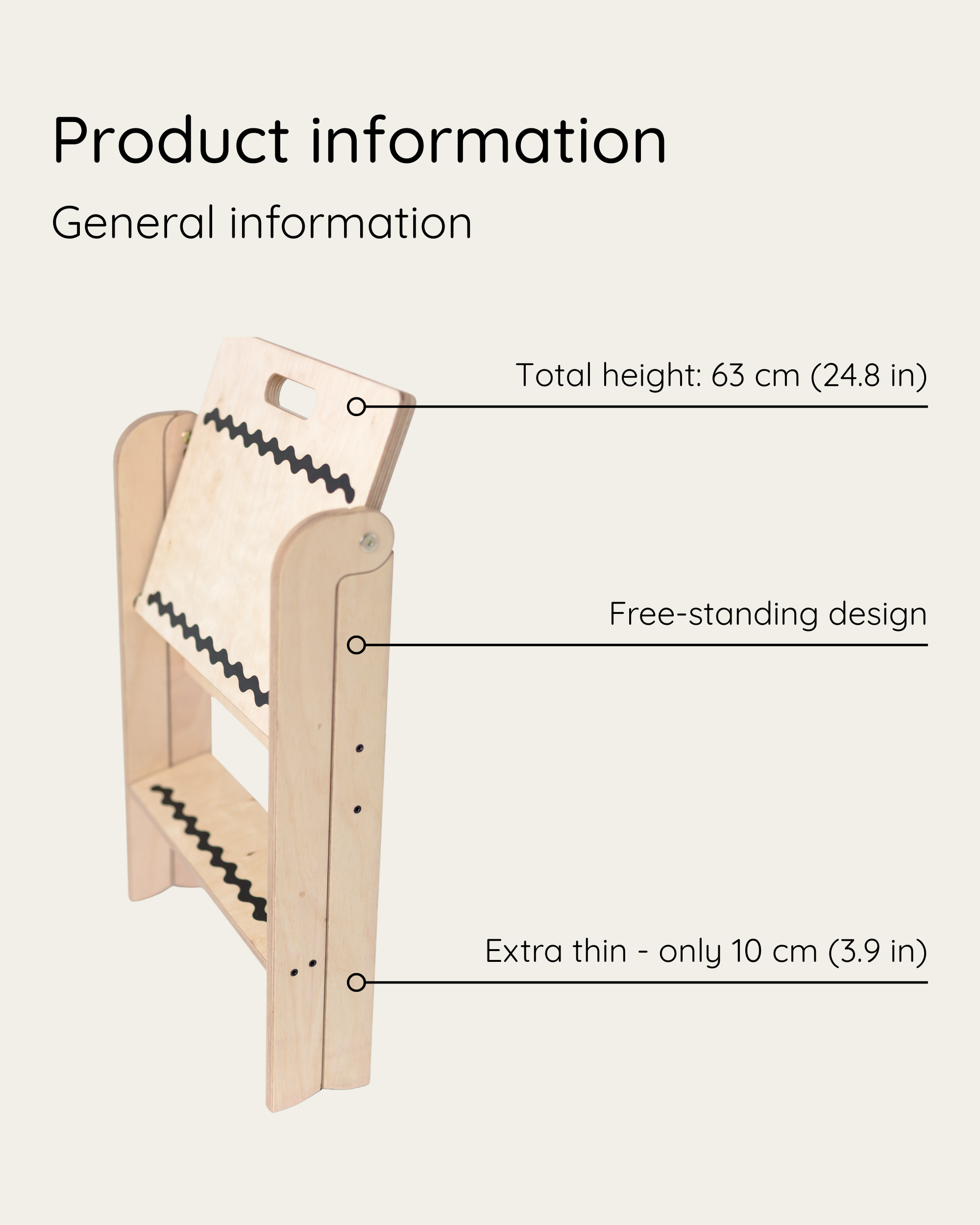Wooden product with measurements and design features on a white background