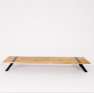 Dual monitor stand on clean background solid oak