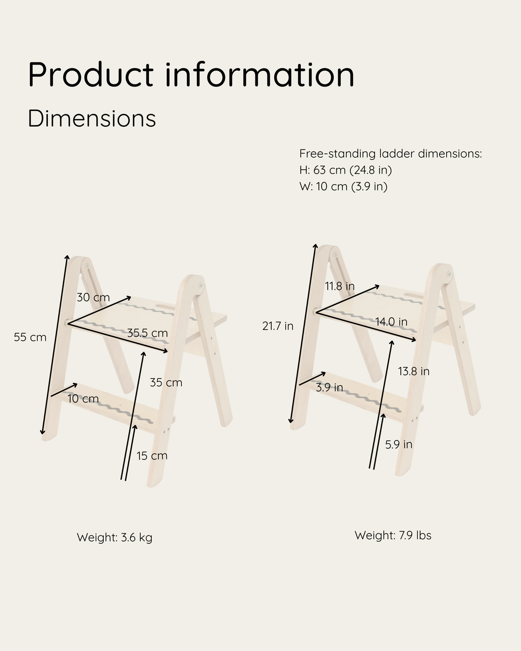 Dimensions and weight information of a free-standing stepping stool on a light gray background