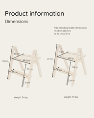 Dimensions and weight information of a free-standing stepping stool on a light gray background