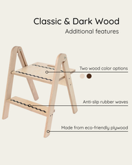 Wooden step stool with features highlighted on a white background
