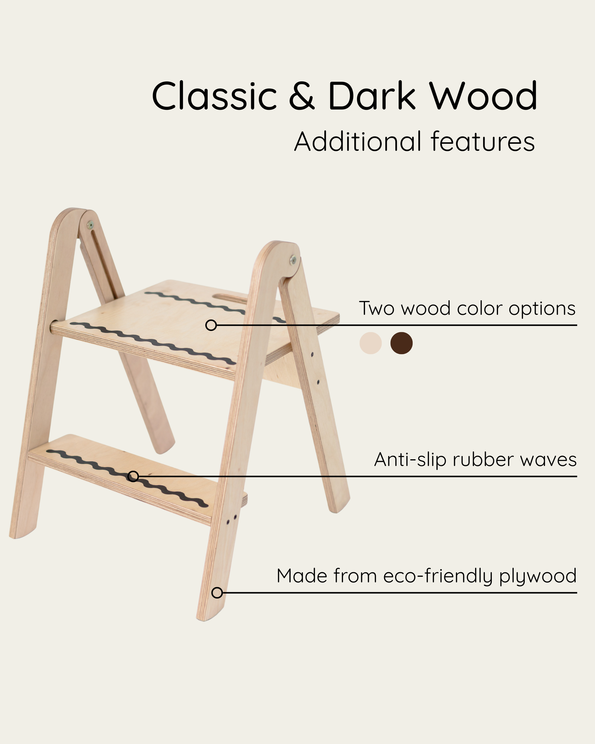 Wooden step stool with features highlighted on a white background