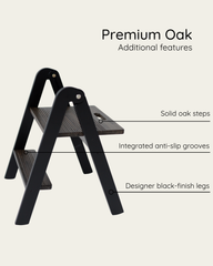 Black step ladder with text highlighting features on a light gray background