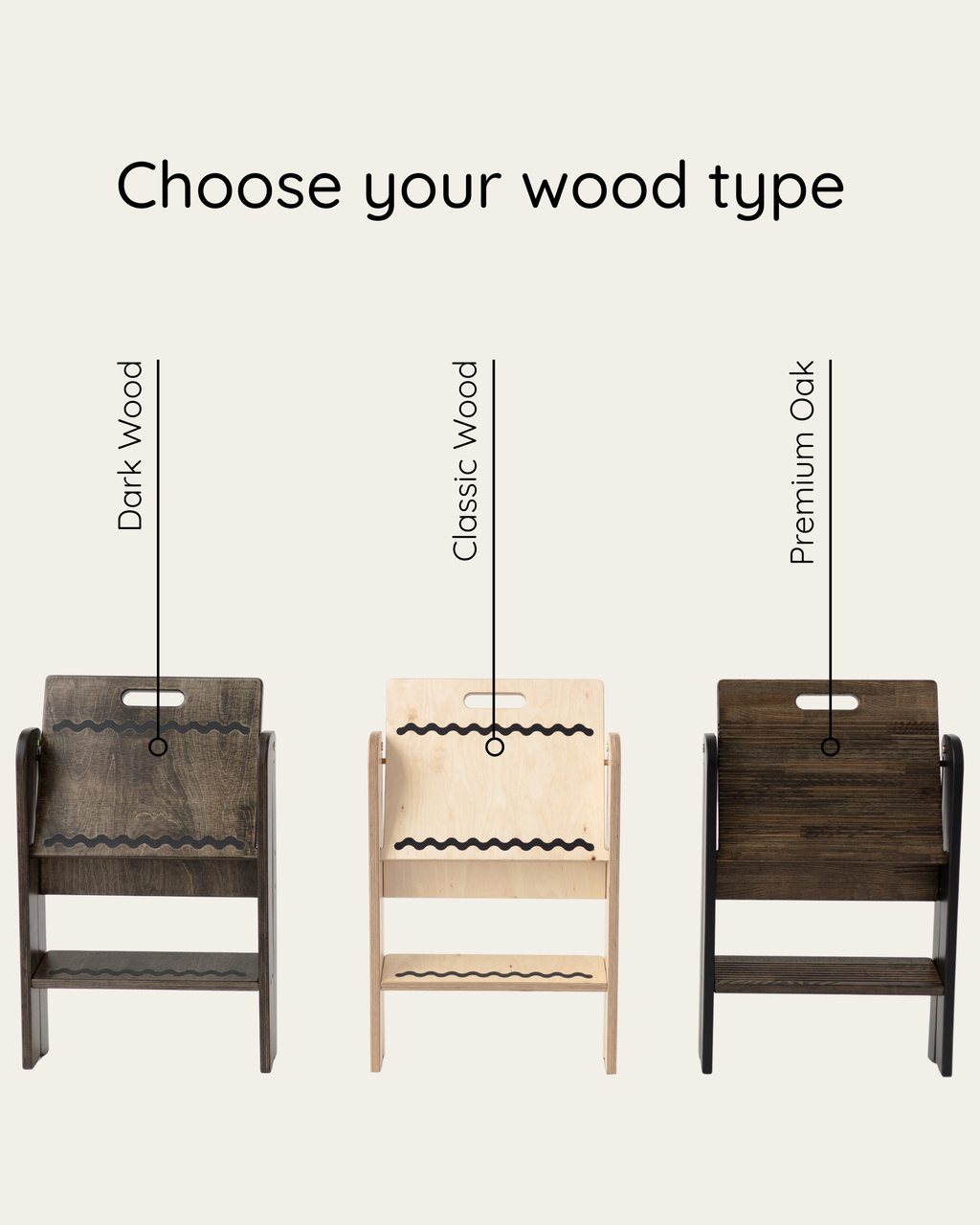 Three wooden chairs labeled 'Dark Wood', 'Classic Wood', and 'Premium Oak' on a white background.